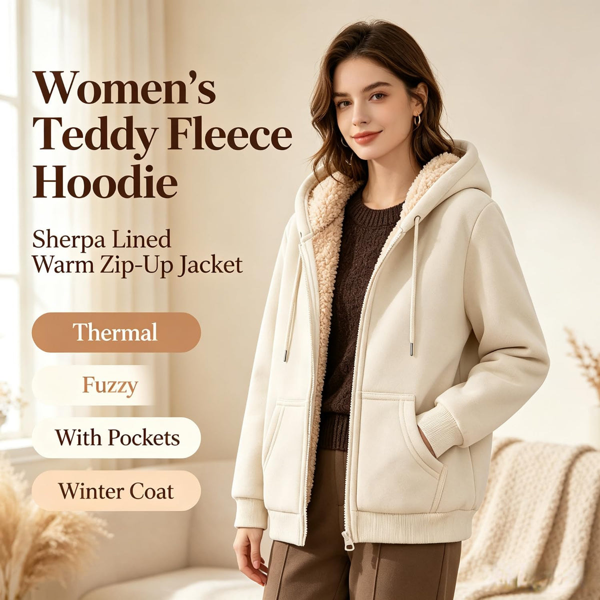 Teddy Fleece Mens Hoodies Sherpa Lined Fuzzy Jacket with Pockets Full Zip Hooded Adjustable Sweatshirts Winter Warm Jumper Coat Outwear Thermal Outfits Clothing