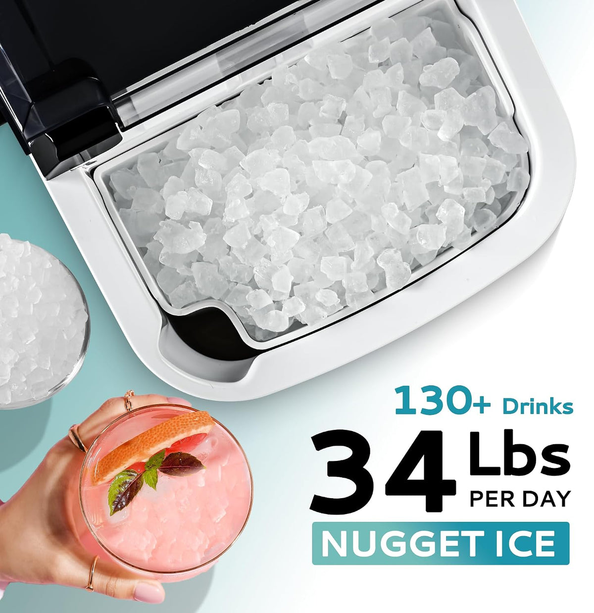 EUHOMY Nugget Ice Maker Countertop with Handle, Ready in 6 Mins, 34lbs Per Day, Removable Top Cover, Auto-Cleaning, Portable Sonic Ice Maker with Basket and Scoop, for Home/Party/RV/Camping (Black)