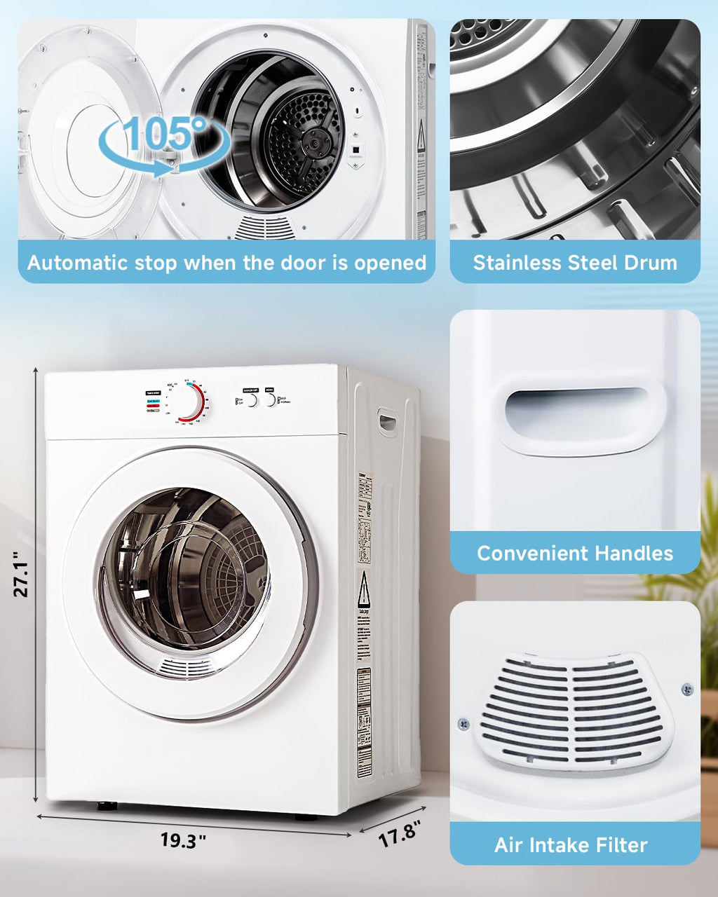 Feelfunn 850W Portable Clothes Dryer with 4 Automatic Drying Modes