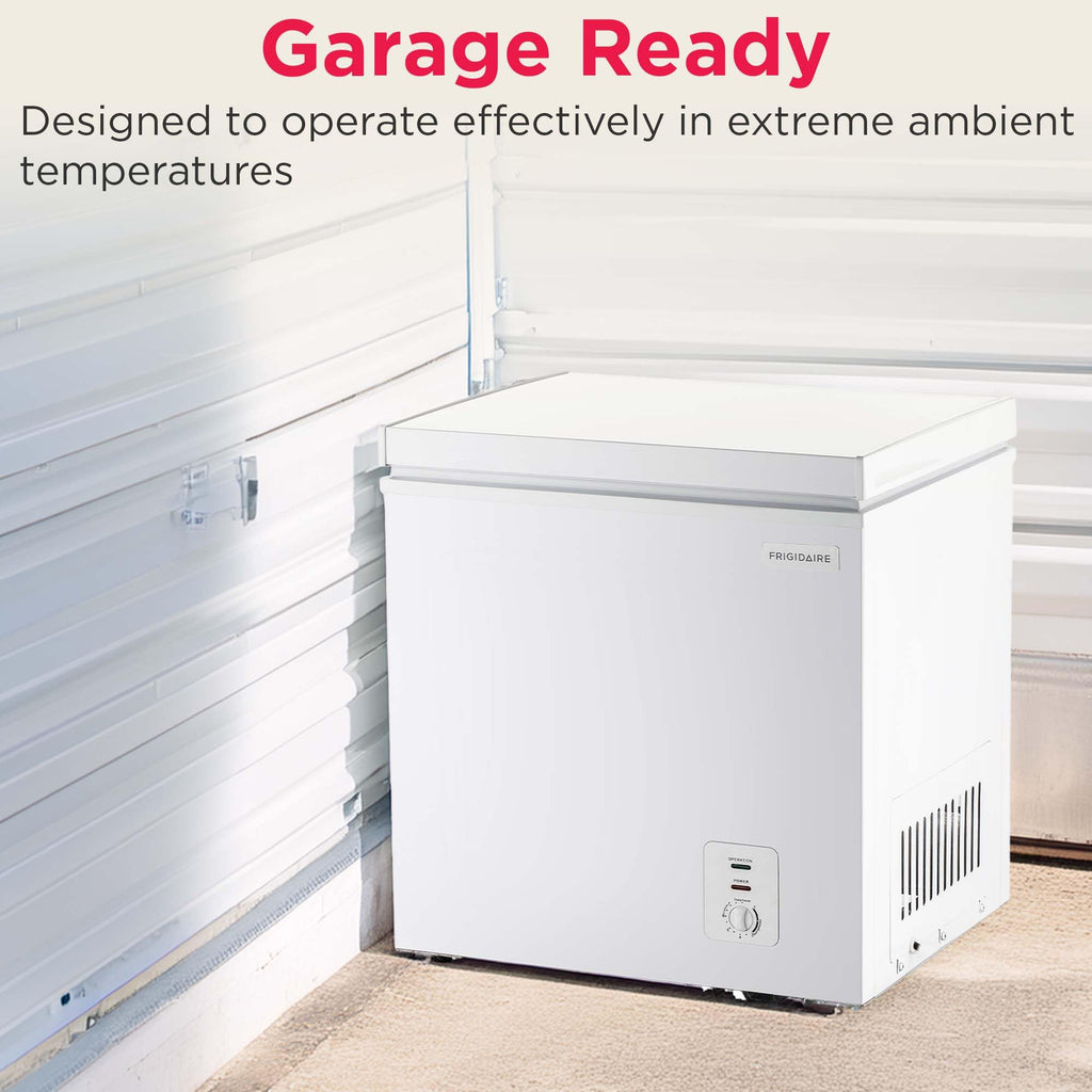 FRIGIDAIRE EFRF5003-BLACK Chest Deep Freezer-Garage-Ready, 5.0 Cu. Ft. Capacity, Black-Adjustable Thermostat-Removable Vinyl Coated Wire Basket-Easy Defrost Drain