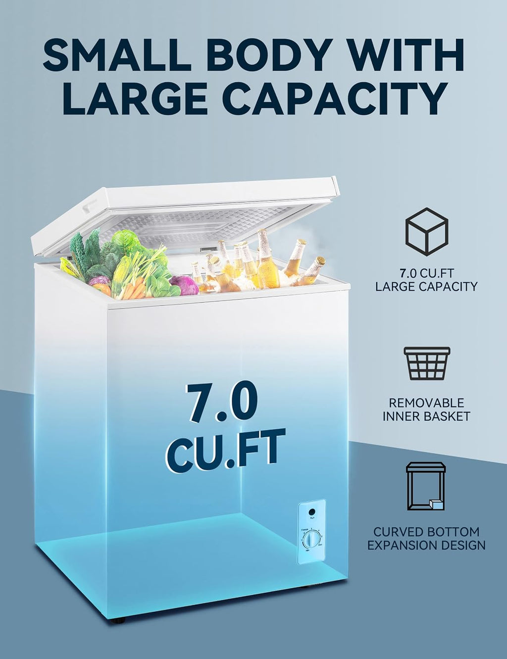 7.0 Cu Ft Chest Freezer - Energy Saving Quiet Top Open Door Mini Freezer Adjustable 6 Thermostat - Compact Small Deep Freezer w/Removable Basket and Defrost Water Drain for Home/Apartment/Garage