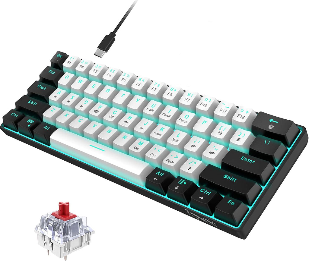 Snpurdiri 60% Wired Mechanical Gaming Keyboard, Ice Blue LED Backlit 61 Keys Mini Wired Office Keyboard for Windows Laptop PC Mac (Black-White, Red Switches)