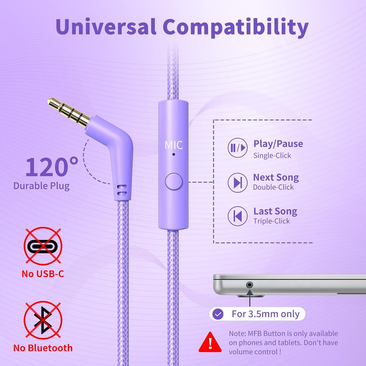 Botesty Sound Headphones Wired with Mic for School, 3.5mm Plug in, Purple