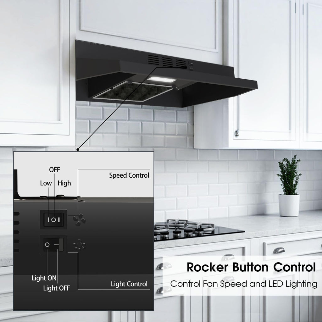 Range Hood 30 inch Under Cabinet, Stainless Steel Kitchen Vent Hood 280CFM, Built-in Kitchen Stove Hood w/Rocker Button Control, Ducted/Ductless Convertible Duct, 2 Speeds Fan, Bright LED Light