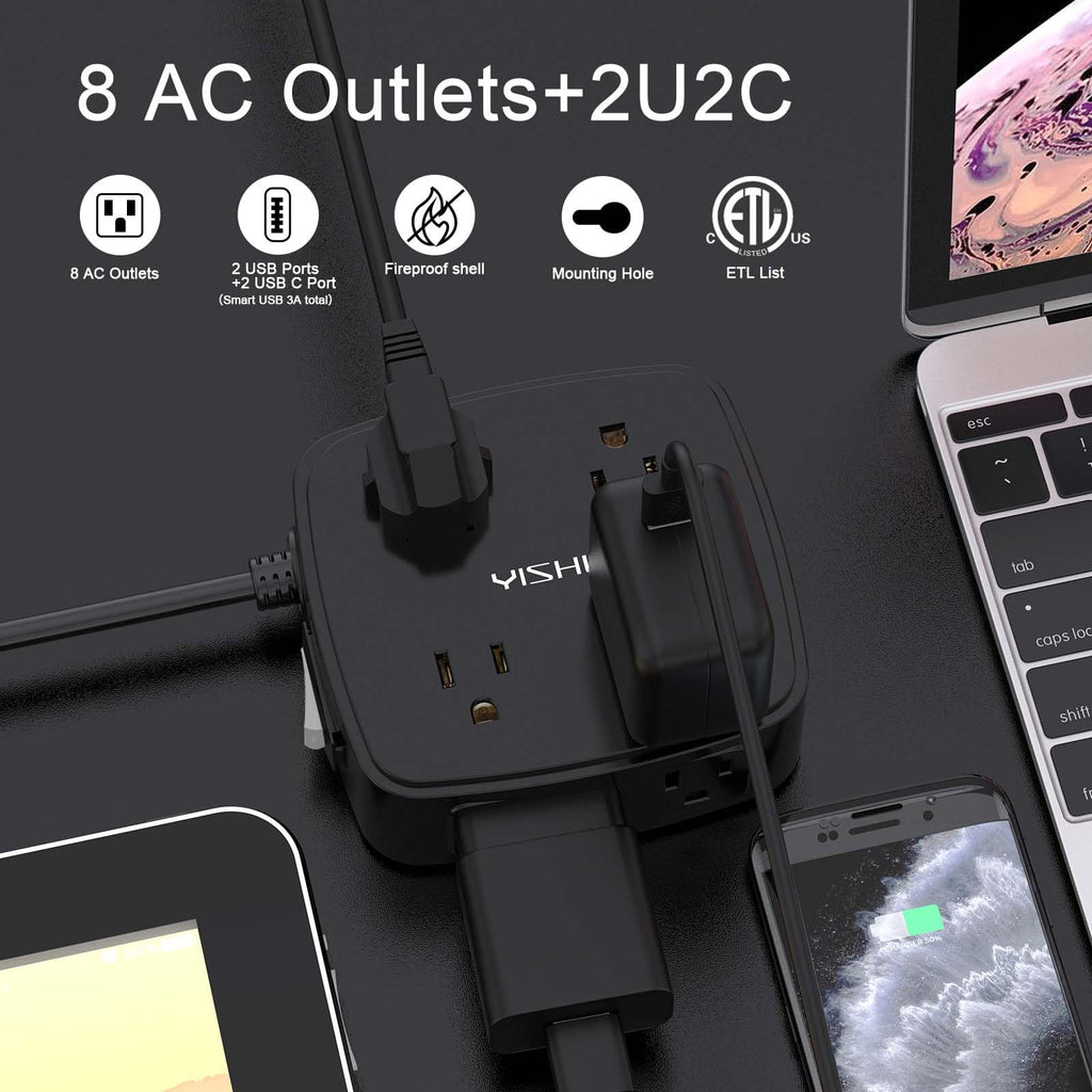 6 Ft Surge Protector Power Strip - YISHU 8 Widely Outlets with 4 USB Ports, 3 Side Outlet Extender with 6 Feet Flat Extension Cord, Ultra Flat Plug, Wall Mount, Desk USB Charging Station, ETL, Black