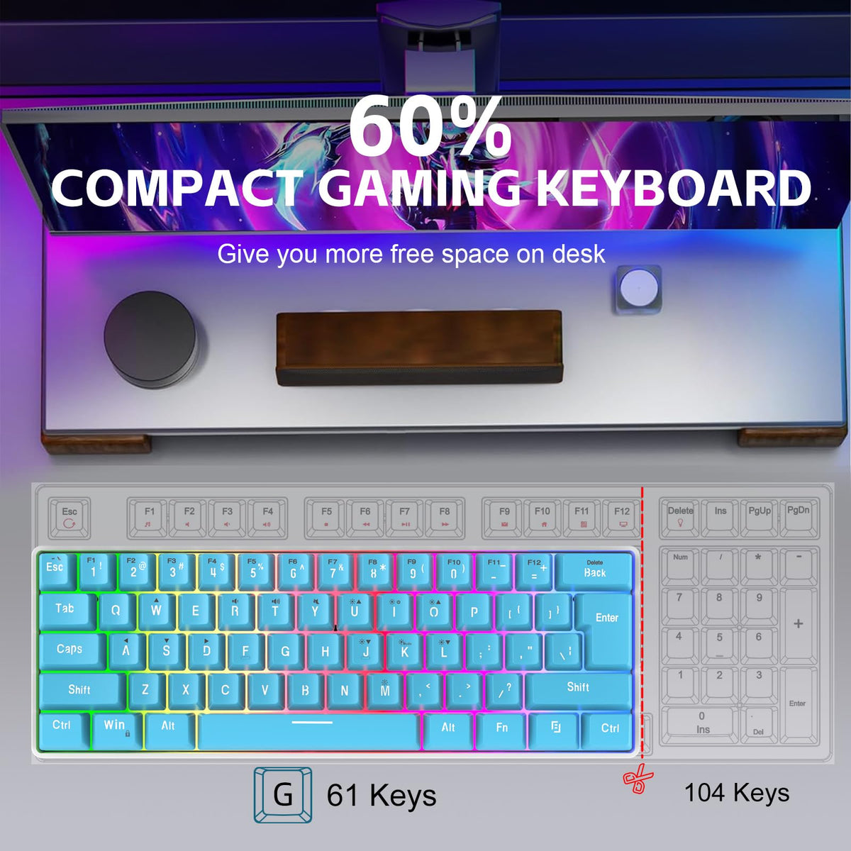 Snpurdiri 60% Wired Mechanical Gaming Keyboard, Ice Blue LED Backlit 61 Keys Mini Wired Office Keyboard for Windows Laptop PC Mac (Black-White, Red Switches)