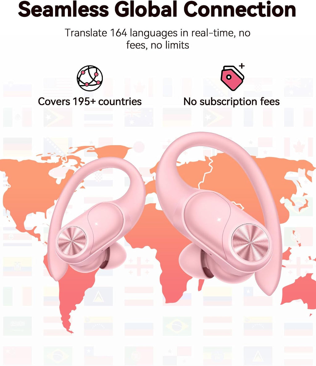PocBuds Bluetooth Headphones Wireless Earbuds 80hrs Playtime Wireless Charging Case Digital Display Sports Ear Buds with Earhook Deep Bass IPX7 Waterproof Over-Ear Earphones for TV Phone Laptop Pink