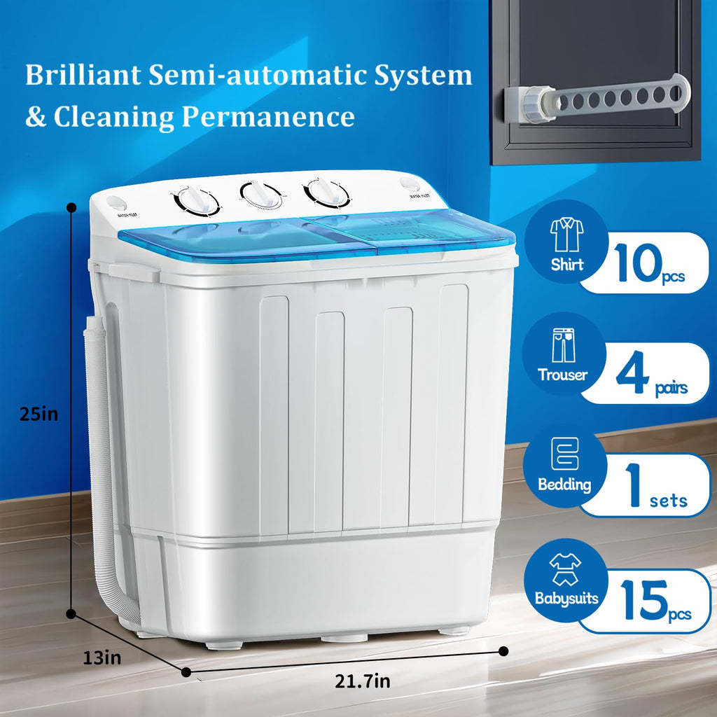 Erivess Portable Twin Tub 19lbs Washing Machine with Drying Rack and 10 Hangers, 12lbs Washer Mini Compact Laundry Machine with 7lbs Spinner, 1500rpm Semi-automatic Washer Combo for Dorm&Apartment