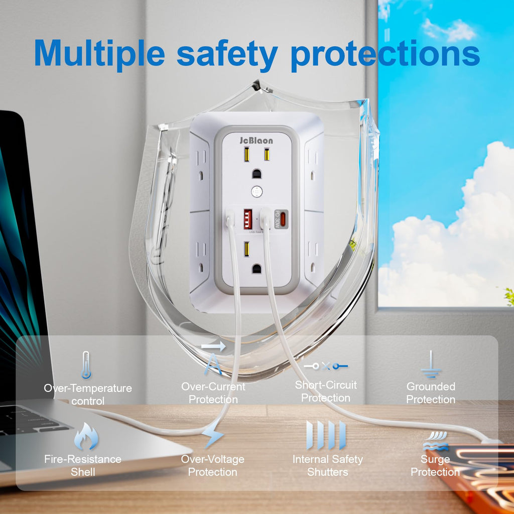3 Pack Surge Protector Outlet Extender, 6 Outlet Splitter with 4 USB Ports (2 USB C), Multi Plug Wall Outlet 1050J Power Strip, USB Wall Charger for Home Office Kitchen Travel-ETL