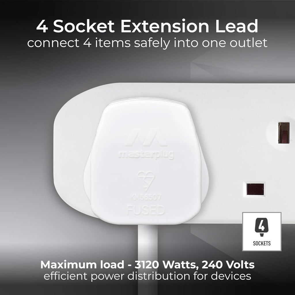 Masterplug Four Socket Extension Lead, 2 Metre Cable, Unswitched, 4-Way Plug Extension Cable, Power Strip, Basic Power, White, 13A, 4G, 2m, BFG210N