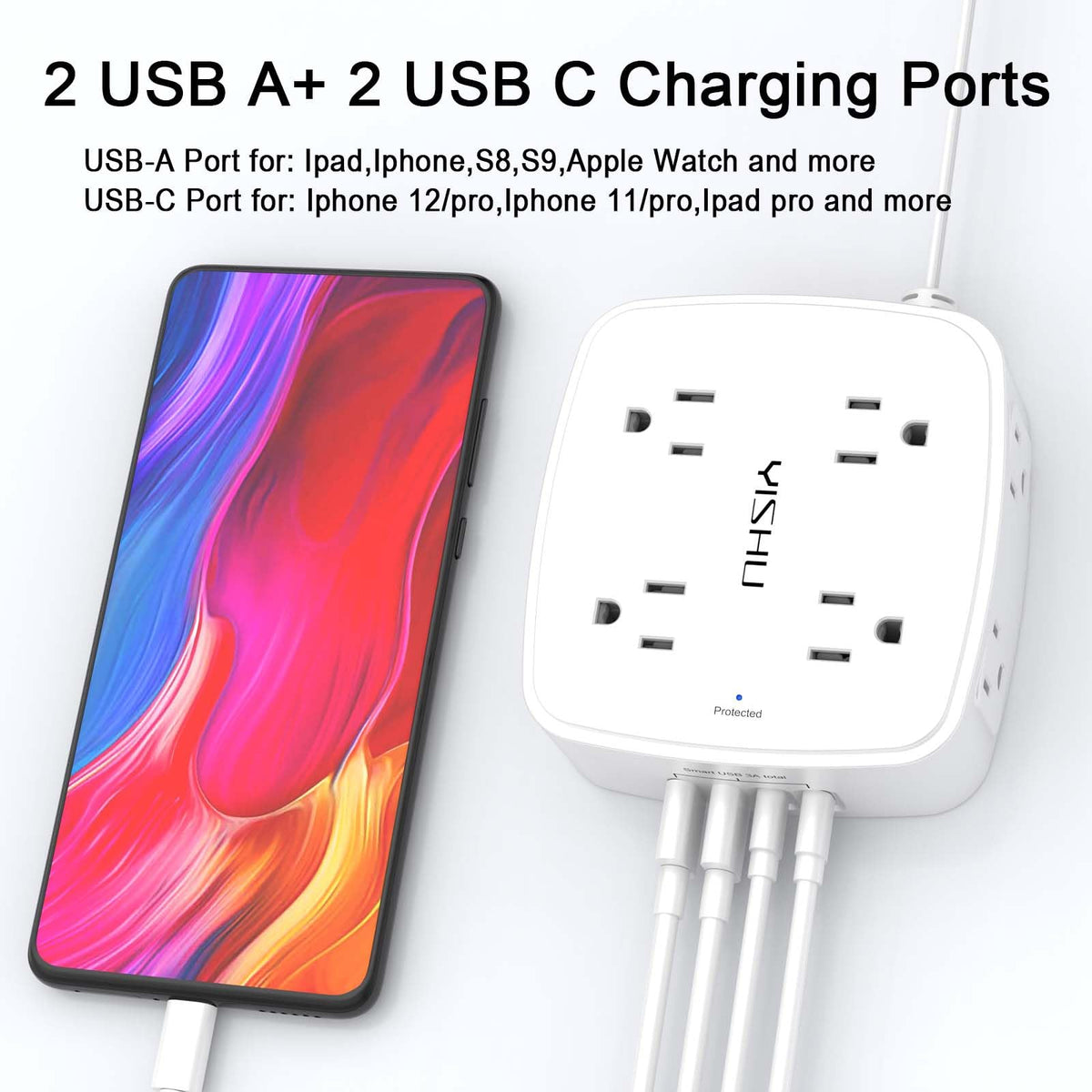 6 Ft Surge Protector Power Strip - YISHU 8 Widely Outlets with 4 USB Ports, 3 Side Outlet Extender with 6 Feet Flat Extension Cord, Ultra Flat Plug, Wall Mount, Desk USB Charging Station, ETL, Black