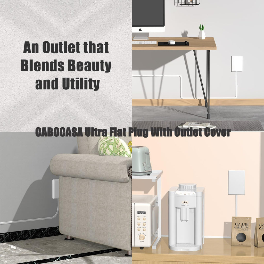 CABOCASA 3FT Flat Plug Extension Cord Power Strip 3 Outlets White Upward