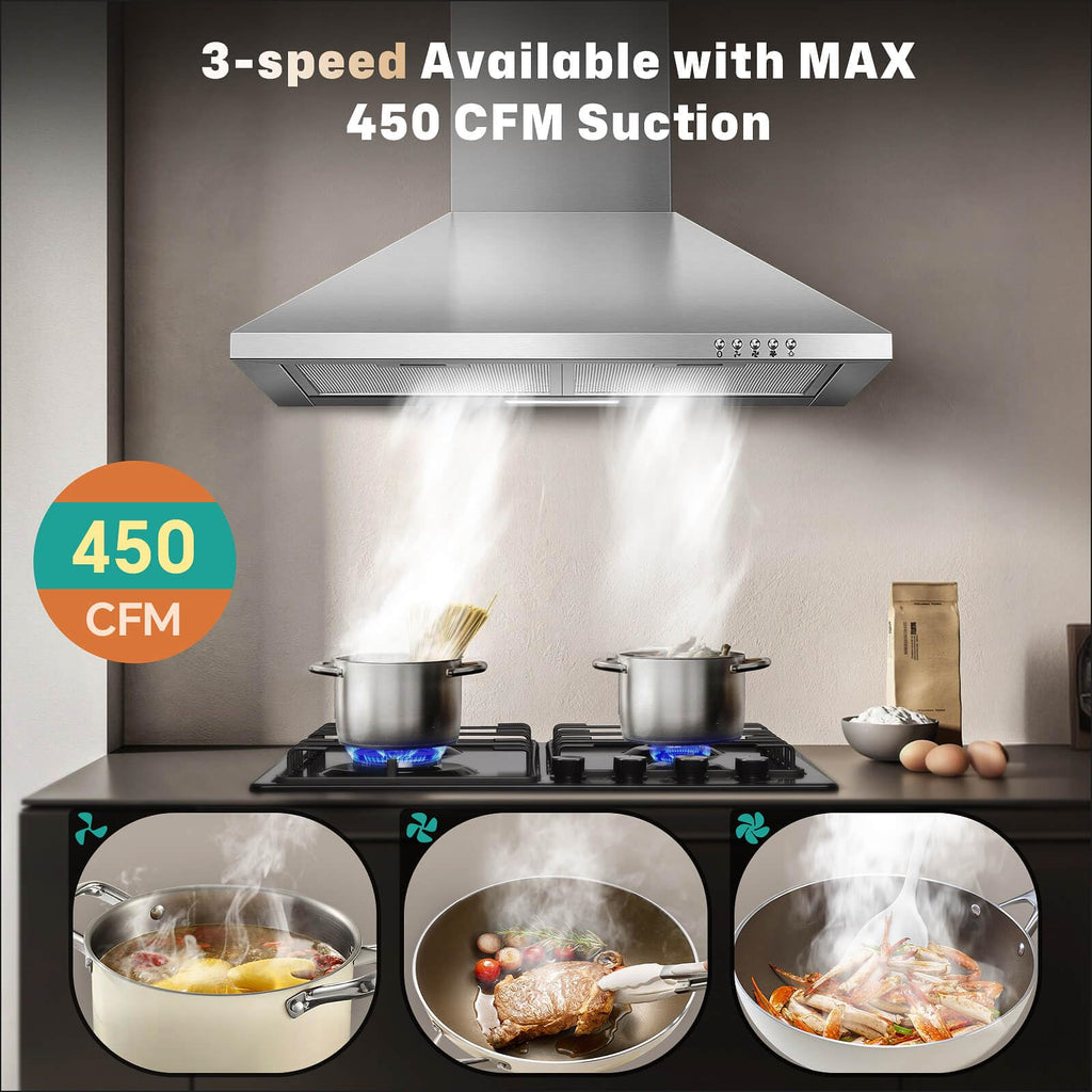 SNDOAS Range Hood 30 inch,Wall Mount Range Hood in Stainless Steel With Ducted/Ductless Convertible,Stove Vent Hood with Aluminum Filters,3 Speed Exhaust Fan,LED Light,Button Control
