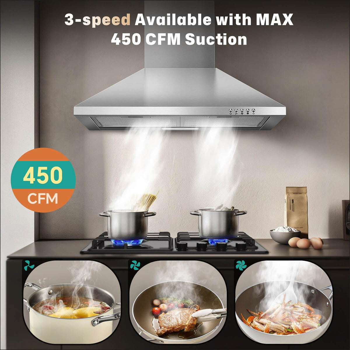 SNDOAS Range Hood 30 inch,Wall Mount Range Hood in Stainless Steel With Ducted/Ductless Convertible,Stove Vent Hood with Aluminum Filters,3 Speed Exhaust Fan,LED Light,Button Control