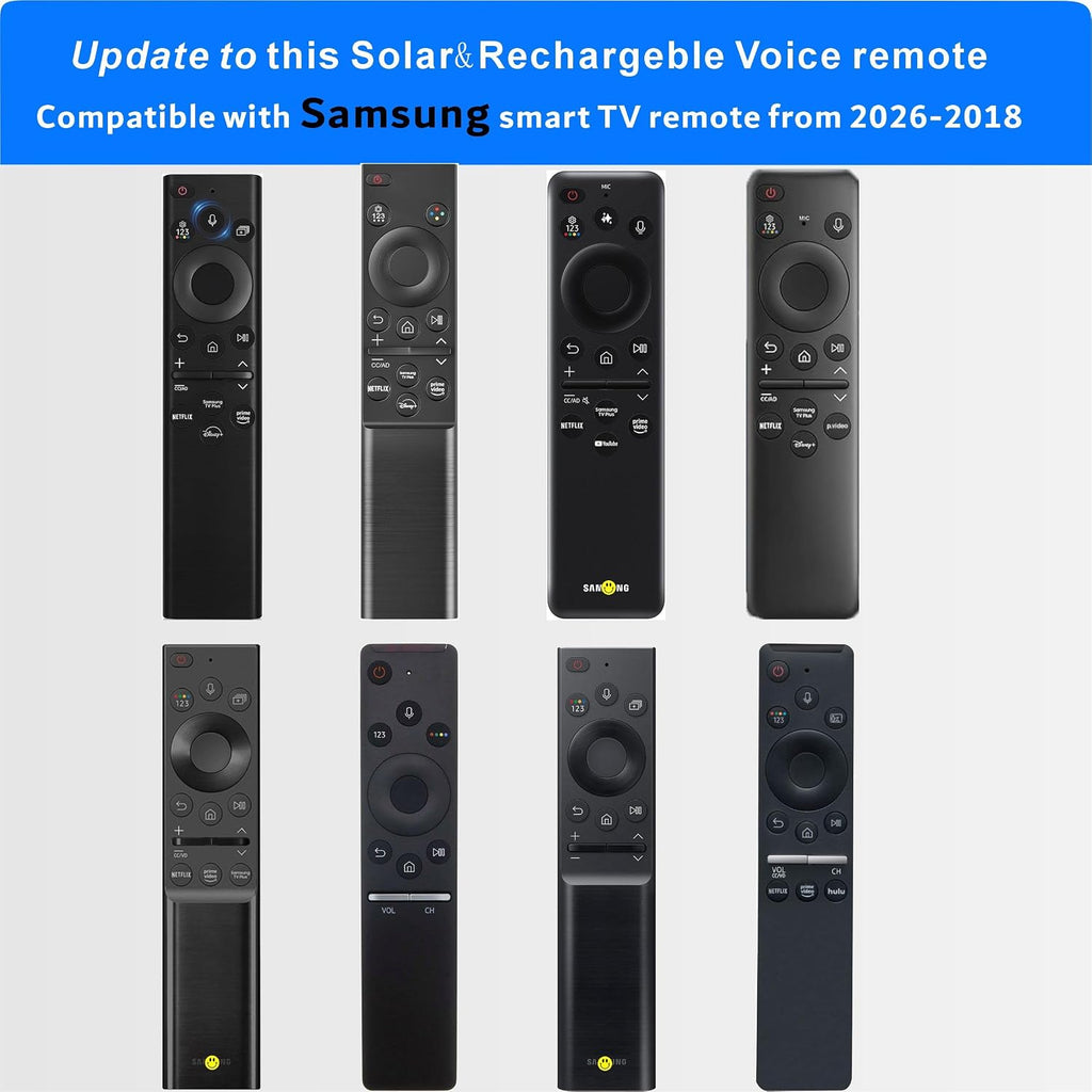 SolarCell Replacement for Samsung TV Remote 2026-2019, Solar Powered, Fast Self-Charging Samsung Smart TV Remote Control, USB-C Rechargeable, Universal, Voice Search, Bluetooth, 2-Year Warranty