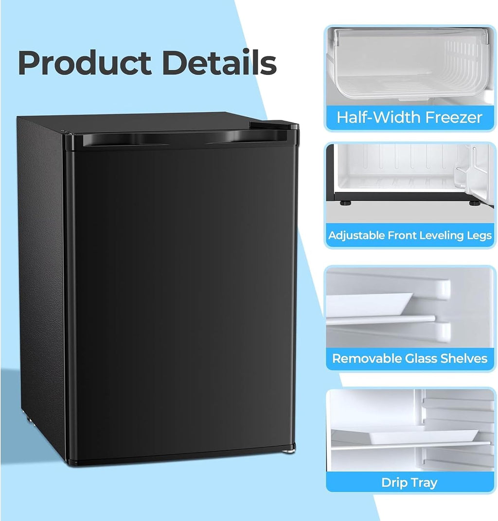 COWSAR 2.6 Cu.Ft Mini Fridge with Freezer, Freestanding Compact Refrigerator with Reversible Door & 7-Speed Thermostat, Small Fridge for Office, Apartment, Gameroom (BLACK)