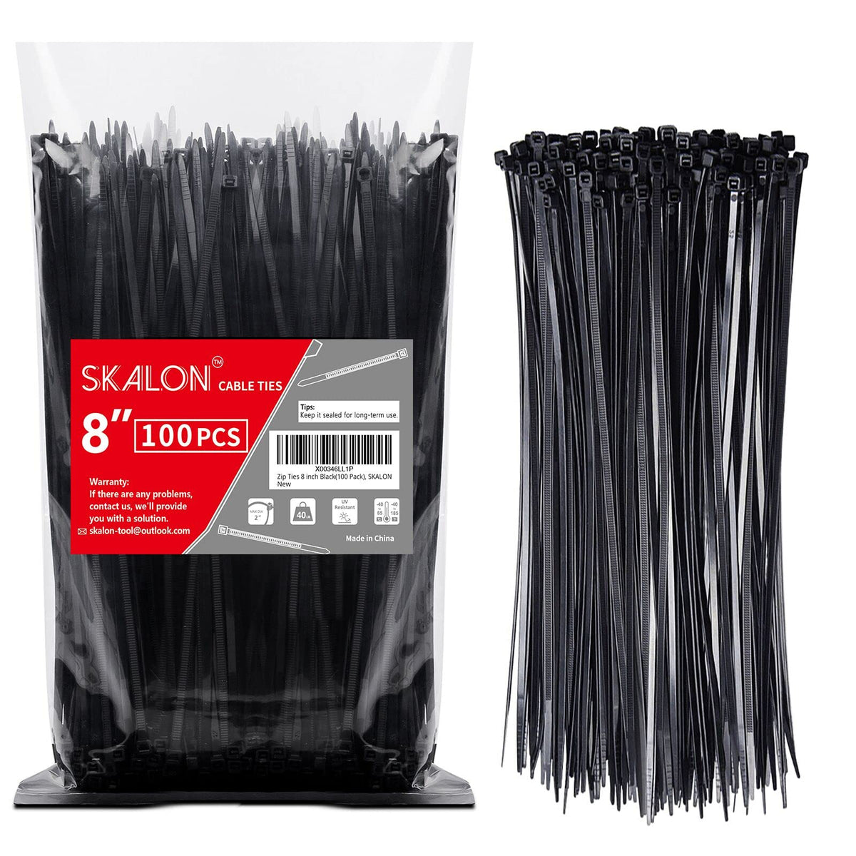 Zip Ties 8 inch (1000 Pack), 40lbs Tensile Strength, Black Cable Ties, Wire Ties for indoor and outdoor use, by Skalon