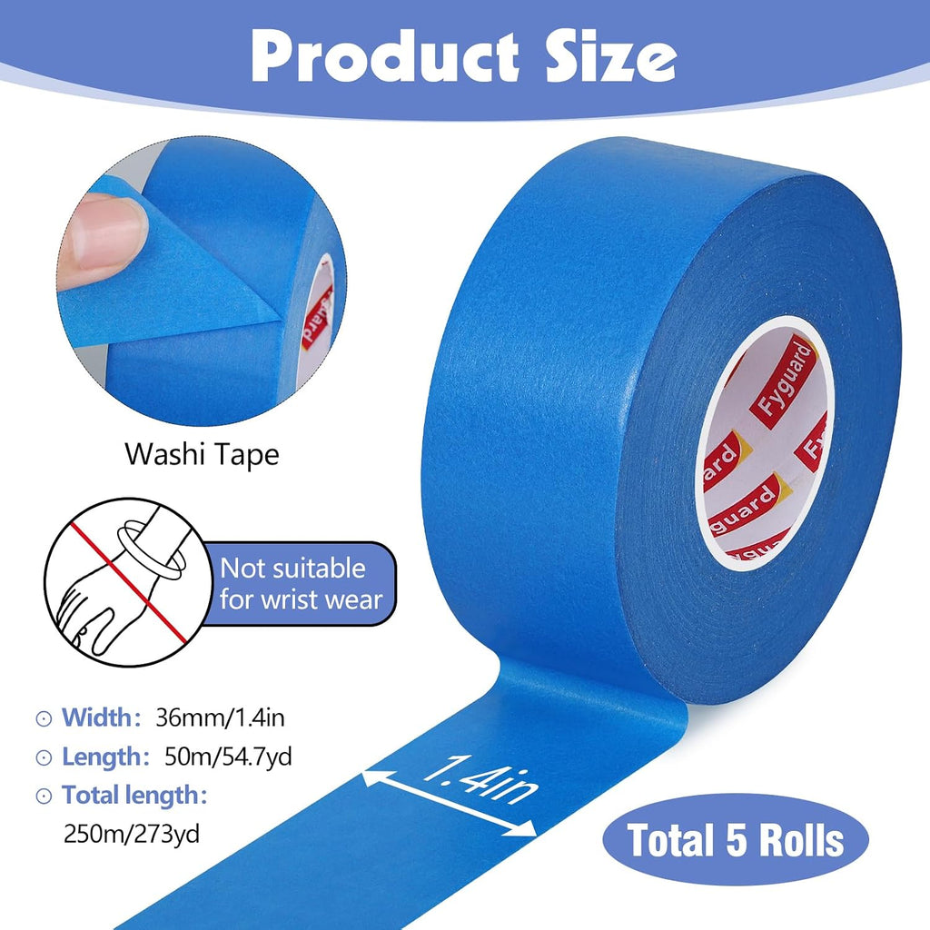 5 Rolls Painters Tape Blue, 36mm x 50m, UV & Heat Resistant