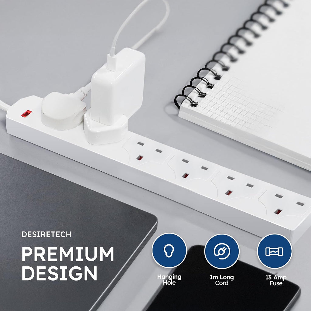 DESIRETECH White Electric Extension Lead - 6 Gang, 1 Metre Cable with UK Plug & 3 Pin Socket - Wall Mountable & Multi Socket Mains Strip for Home, Bedroom, Kitchen, & Office (1 Pack)