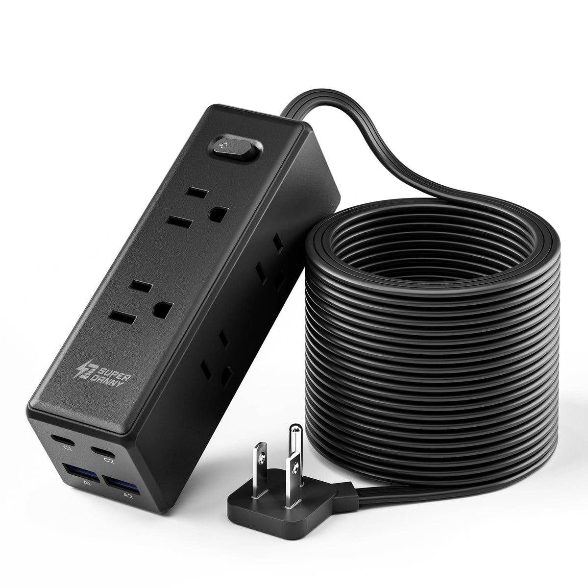 SUPERDANNY 15Ft Extension Cord with Multiple Outlets, Flat Plug Power Strip