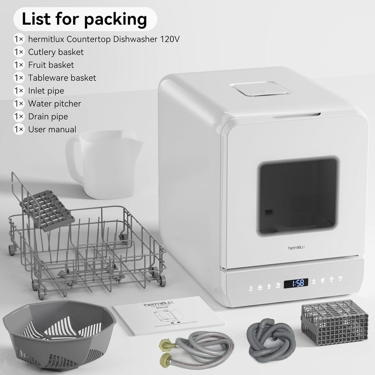 Hermitlux Slim Countertop Portable Dishwasher for Small Spaces