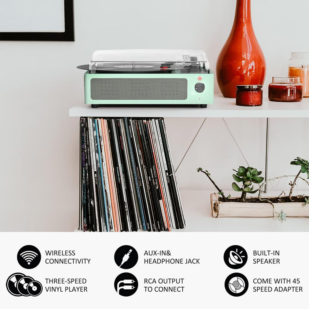 Seasonlife® Retro Vinyl Record Player with Stereo Speakers,Walnut Brown