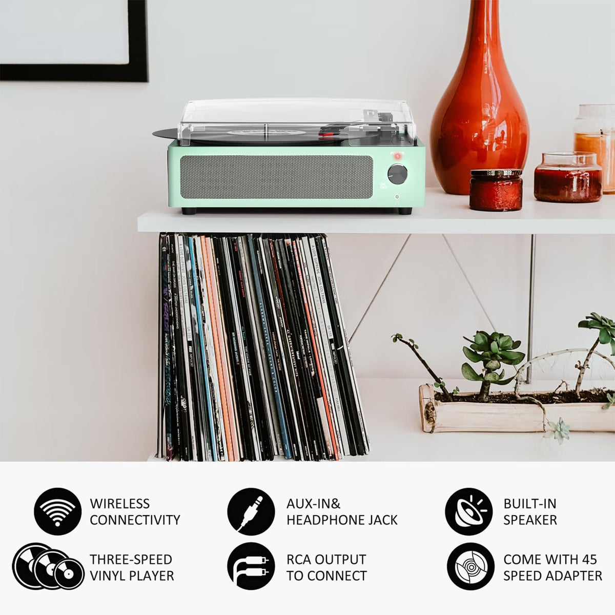 Seasonlife® Retro Vinyl Record Player with Stereo Speakers,Walnut Brown