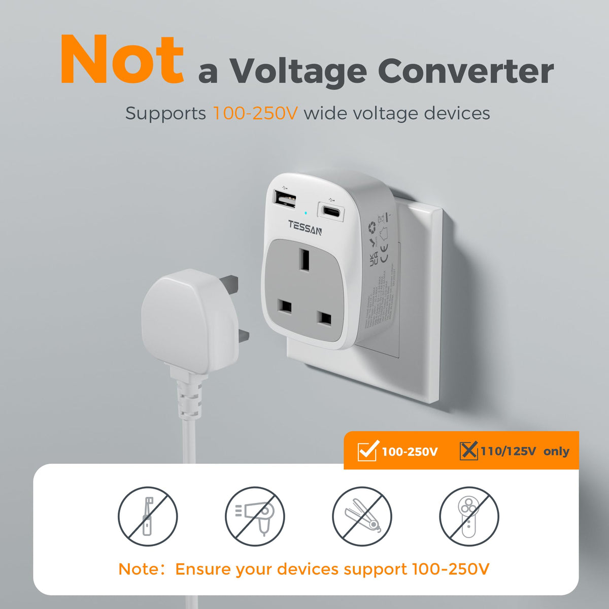 TESSAN UK to South Africa Plug Adapter, Type M Travel Adapter with USB C