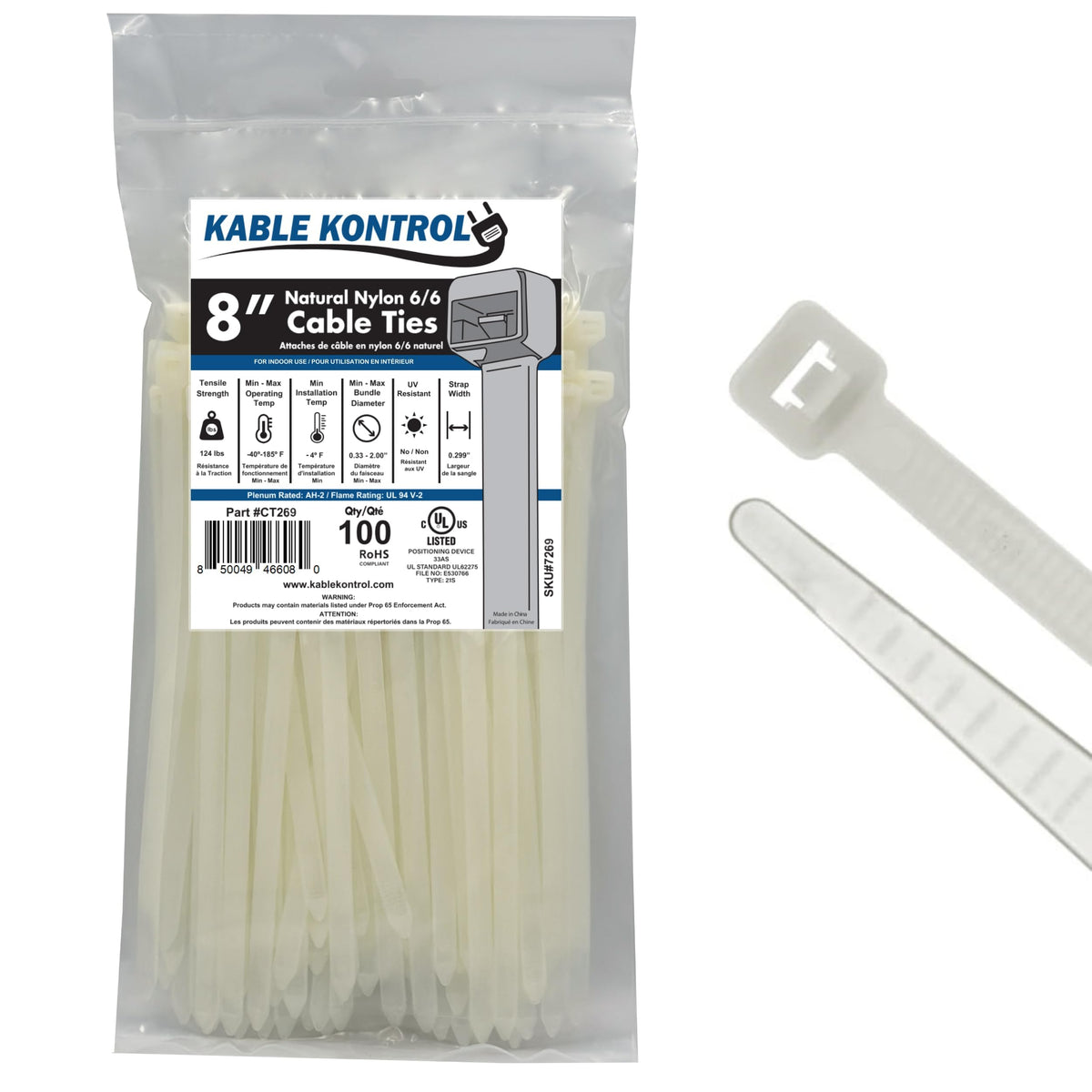 Kable Kontrol Cable Zip Ties, 4 Inch, 100 Pcs, 18lbs Test, Gray