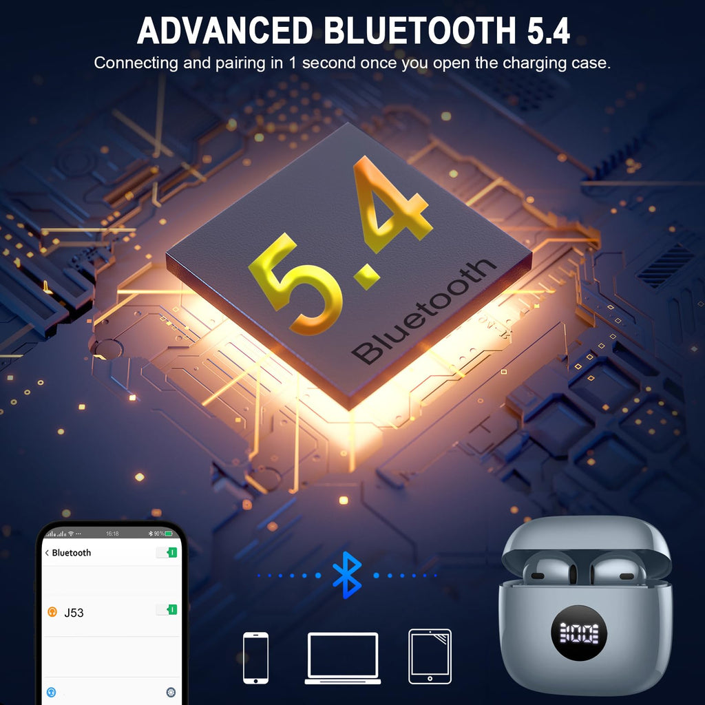 Wireless Earbuds, Bluetooth 5.4 Ear Buds, LED Power Display, 6D Bass Stereo