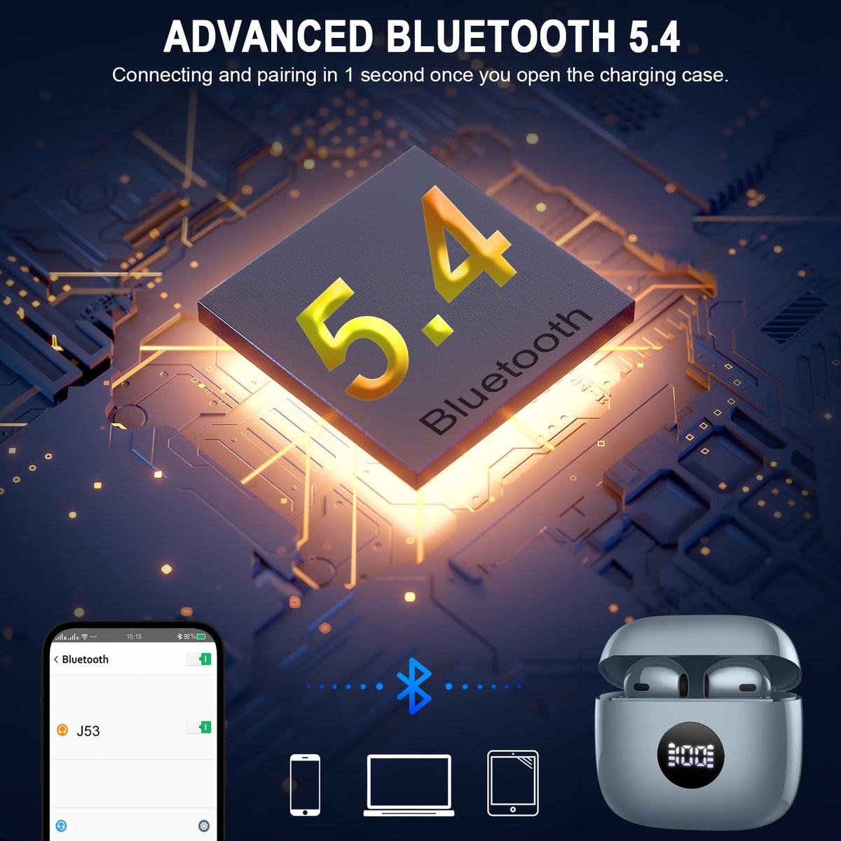 Wireless Earbuds, Bluetooth 5.4 Ear Buds, LED Power Display, 6D Bass Stereo