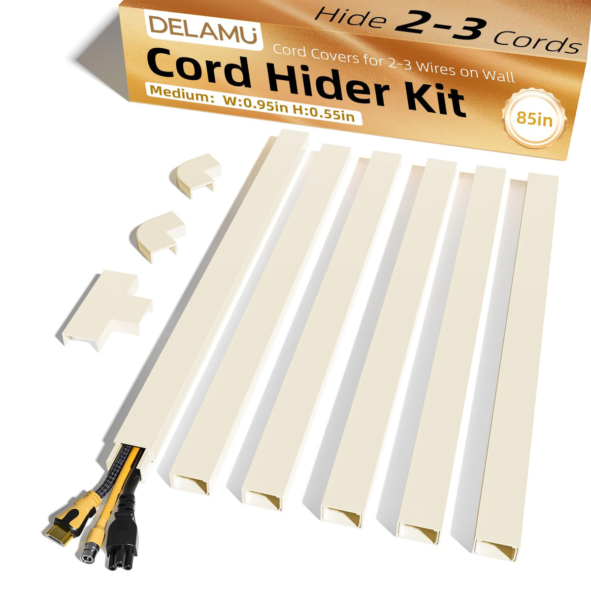 Delamu Beige Cord Hider, 85in Cord Covers for Wires on Wall, One-Cord Cable Hider, Wire Hiders Wire Covers for TV Cords on Wall, Easy Mount Cable Cover Management Kit, 6X L14.2 W0.59 H0.4in, Beige