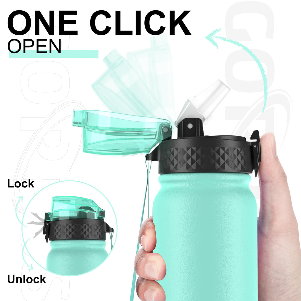 GOPPUS 600ml/20oz Stainless Water Bottle with Straw Double Wall Insulated Bottles with Strap One Hand Open Vacuum Thermal Flask with Flip Top Lid Leakproof Keep Cold Drinks BPA Free