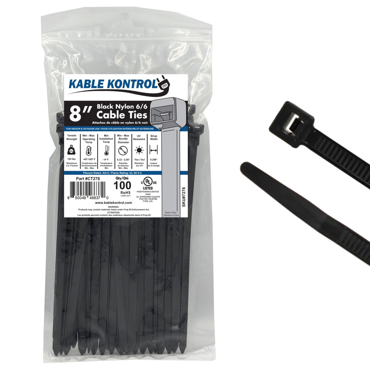 Kable Kontrol Cable Zip Ties, 4 Inch, 100 Pcs, 18lbs Test, Gray