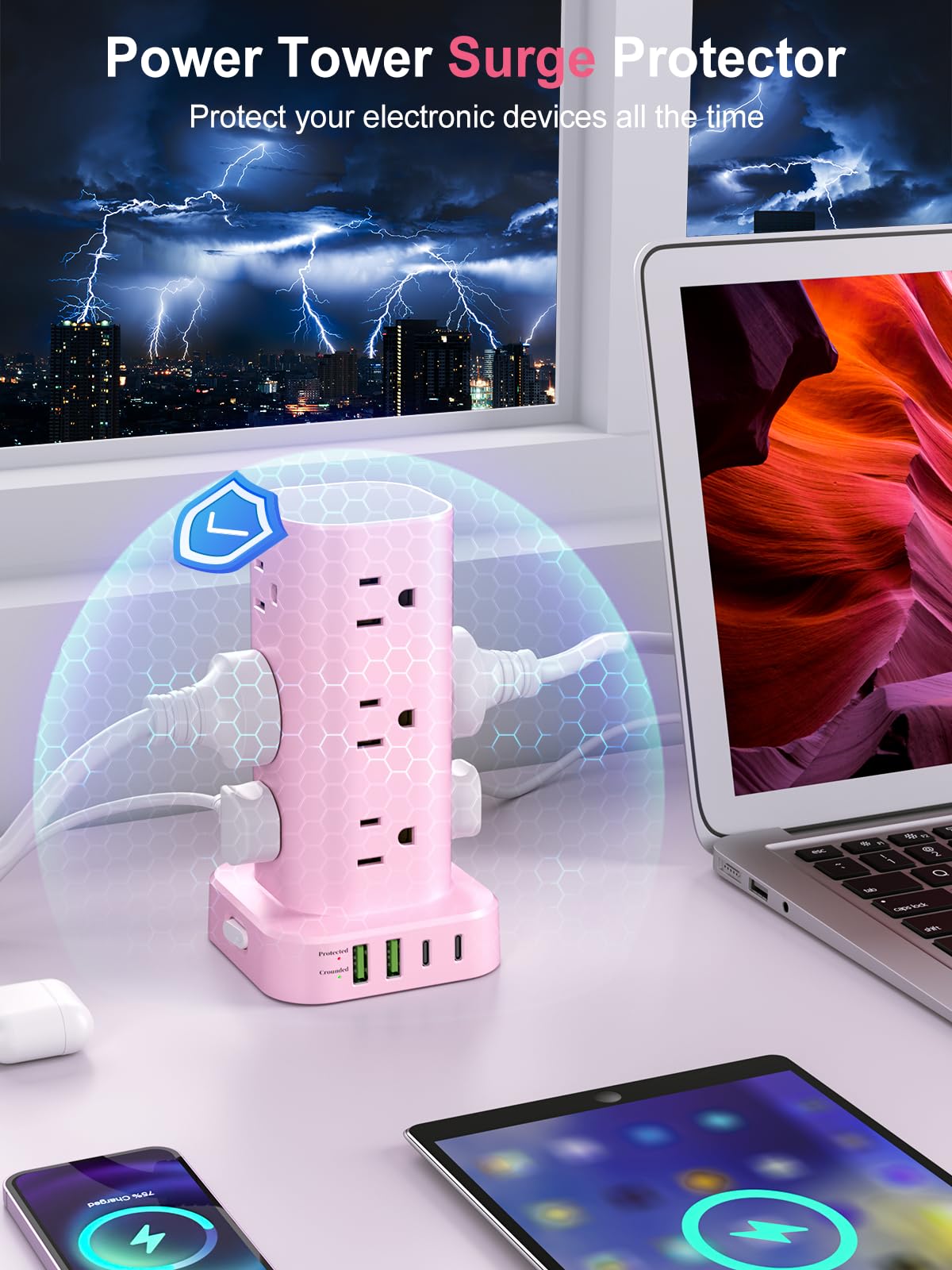 6FT Power Strip Tower with Wireless Charger,Surge Protector with 12 Outlets