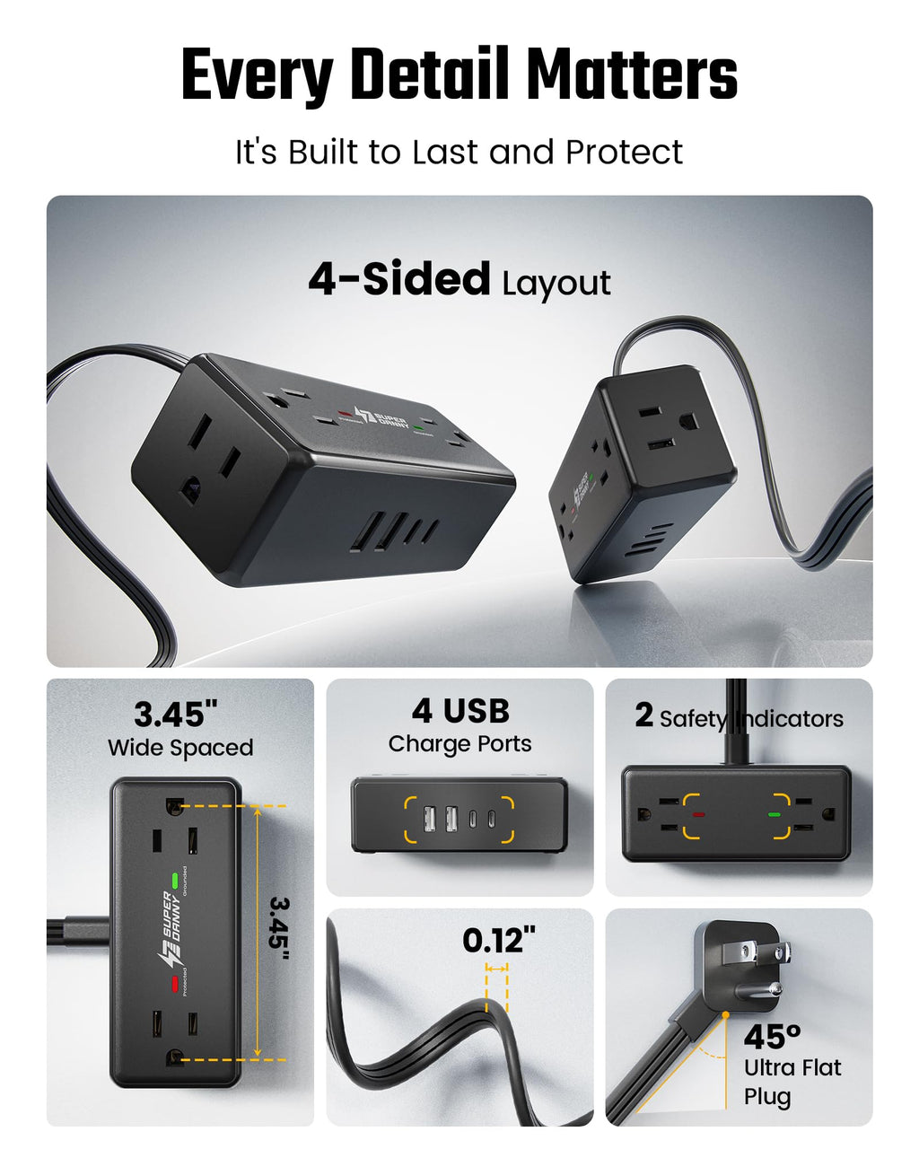 3Ft Short Extension Cord with Multiple Outlets, Surge Protector Power Strip