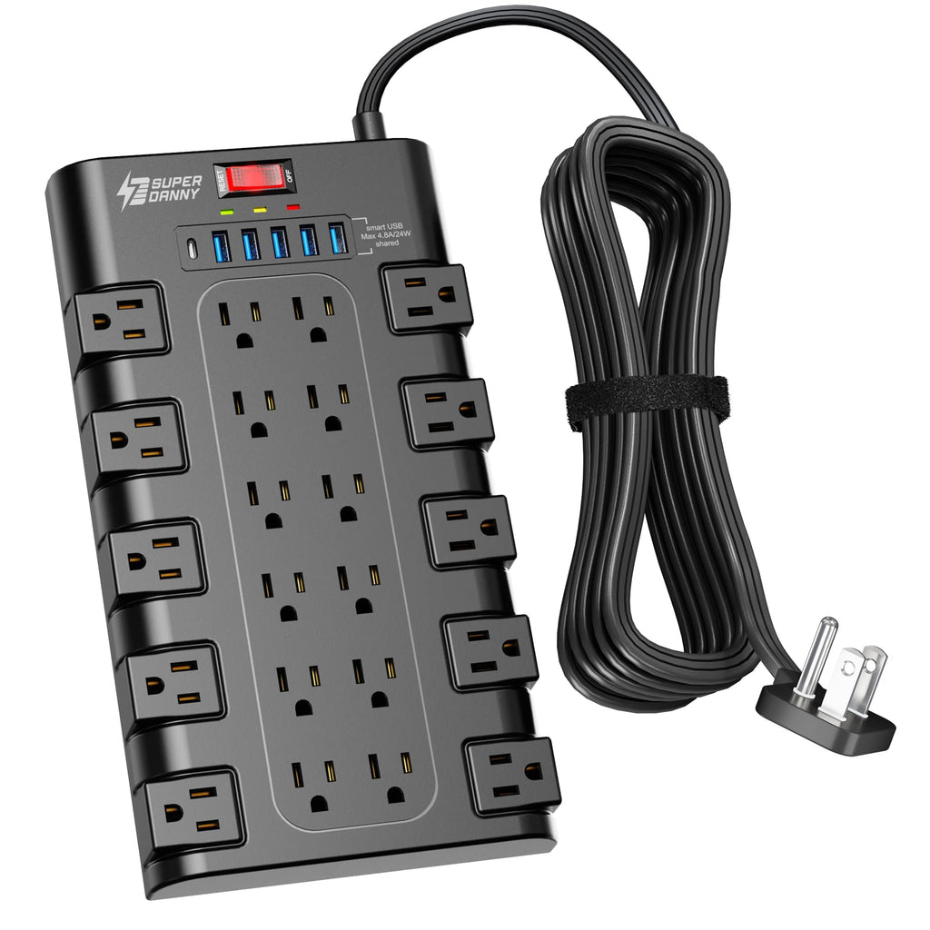 SUPERDANNY Power Strip Surge Protector, 22 AC 6 USB, 2100J, 6.5Ft,1875W/15A