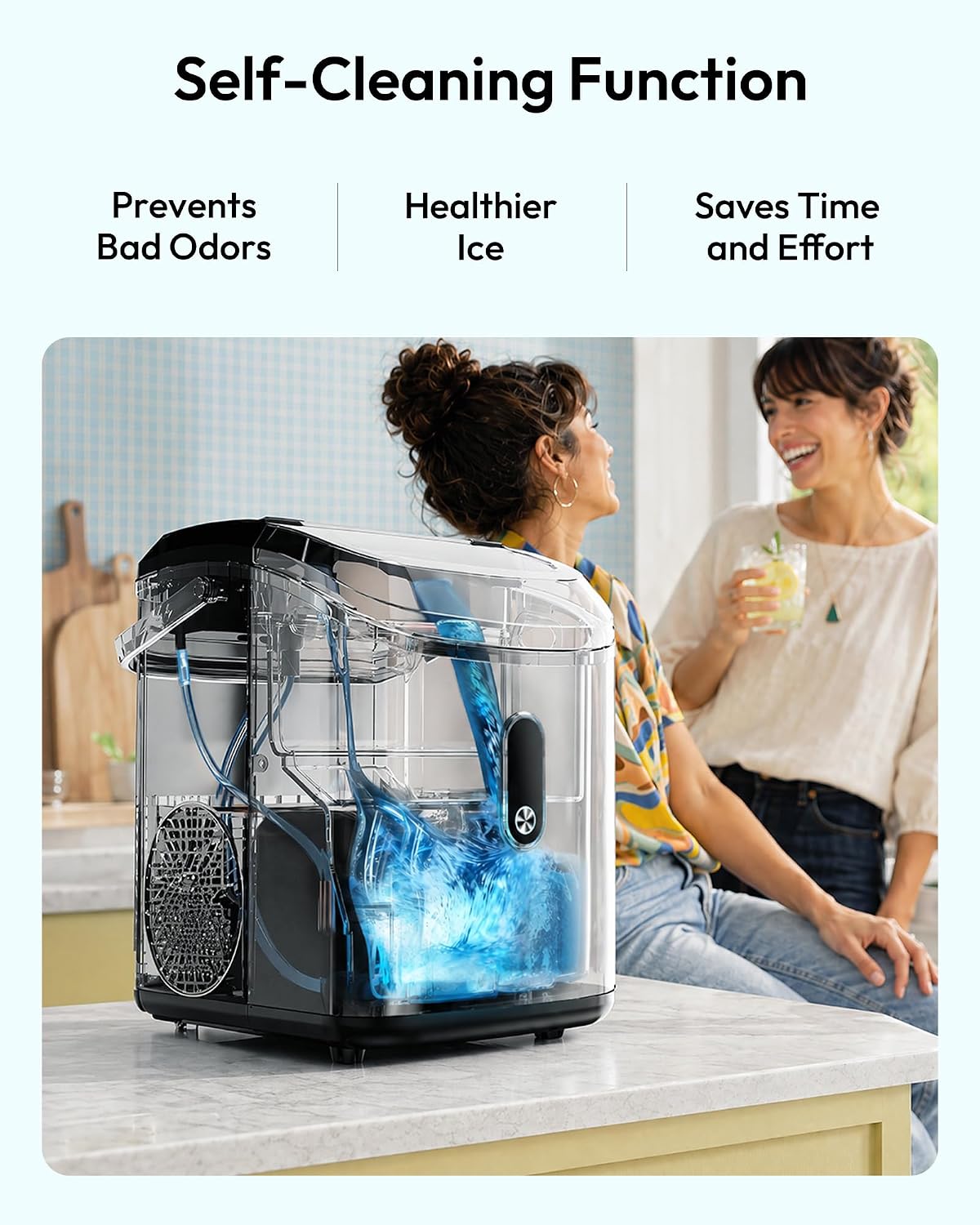 EUHOMY Nugget Ice Maker Countertop with Handle, Ready in 6 Mins, 34lbs Per Day, Removable Top Cover, Auto-Cleaning, Portable Sonic Ice Maker with Basket and Scoop, for Home/Party/RV/Camping (Black)