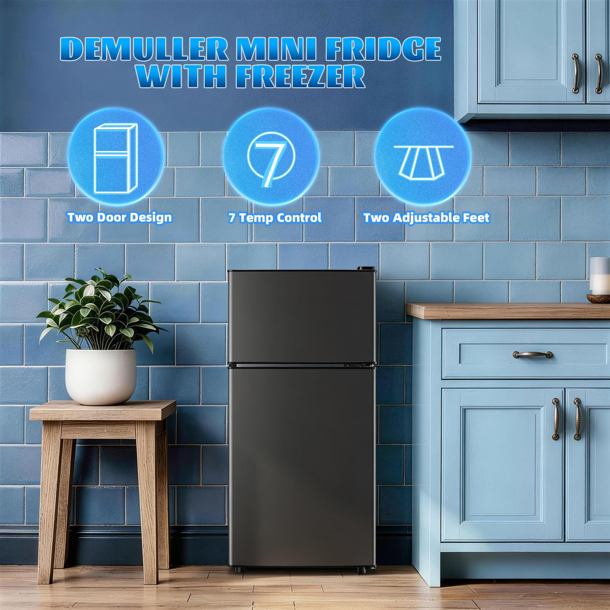 DEMULLER 45L Personal Double‑Door Mini Fridge With Freezer, Blue