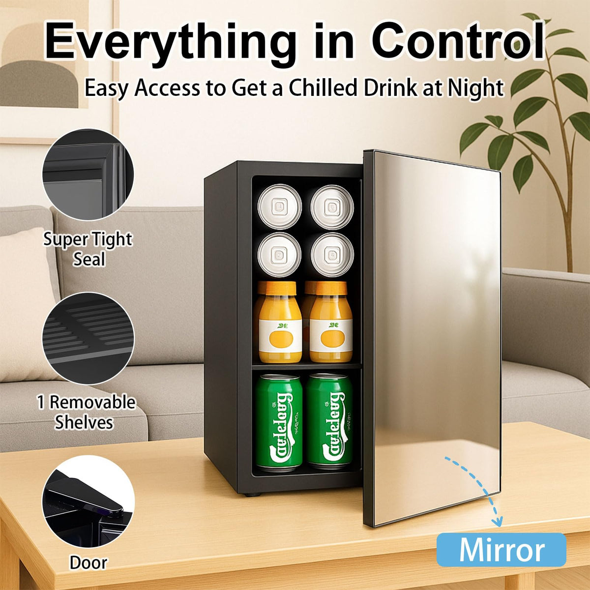 DOGHLY 0.95 Cu.Ft Mini Fridge Mirror Door for Beverages & Skincare, 24 Cans