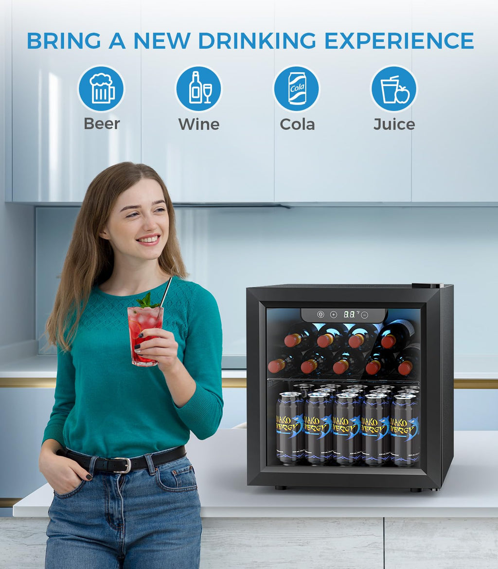 Electactic 48 Can Beverage Refrigerator,12 Bottle Wine Cooler with Seamless Stainless Steel & Glass Door, Digital Temperature Display, Countertop Mini Fridge for Soda, Wine or Beer, Silver