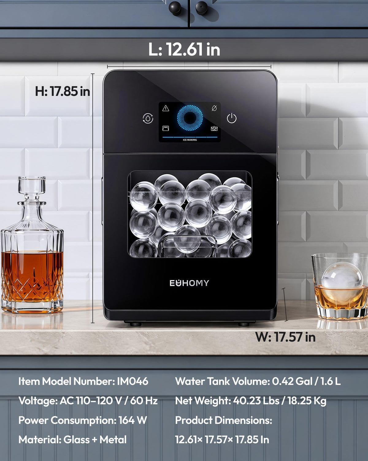 EUHOMY 2.4" Ice Ball Maker Countertop, 3Pcs Ready in 40Mins, 108Pcs/Day, Self-Cleaning Sphere Ice Maker Machine with Crystal Clear Ice, Round Ice Cube Maker for Whiskey & Bourbon