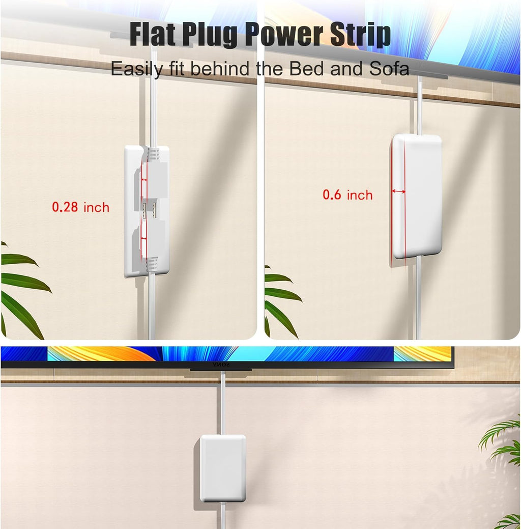 CABOCASA 3FT Flat Plug Extension Cord Power Strip 3 Outlets White Upward