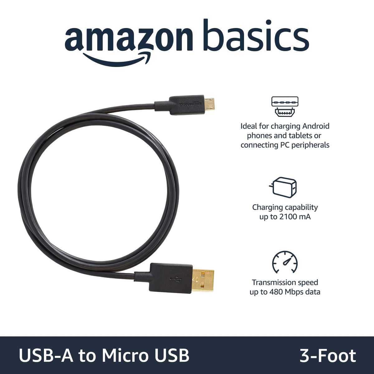 Amazon Basics 5-Pack Micro USB Cable, USB 2.0, 3 m, Black