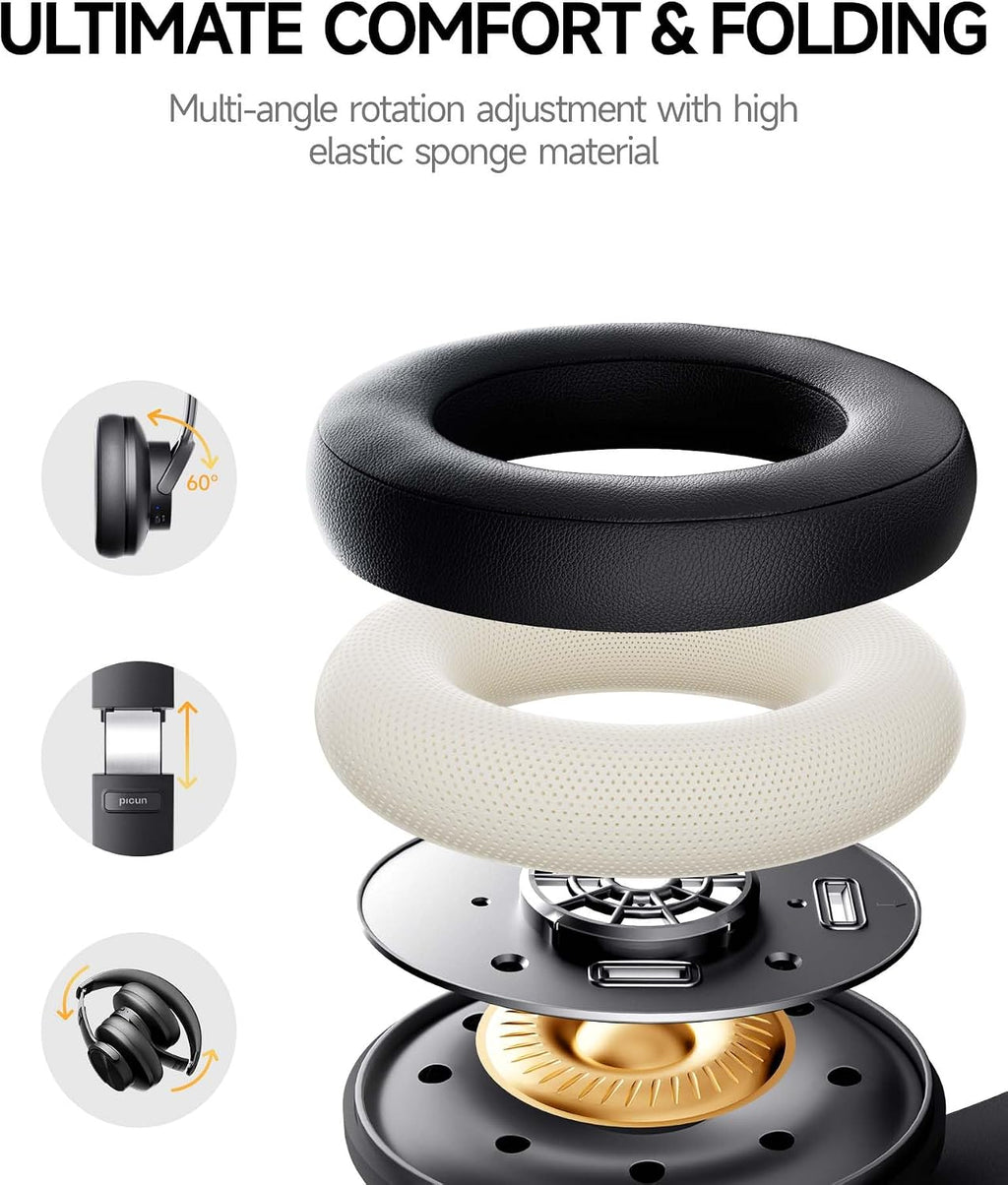Picun B8 Wireless Bluetooth Headphones, 120H Playtime, 3EQ Modes, Black