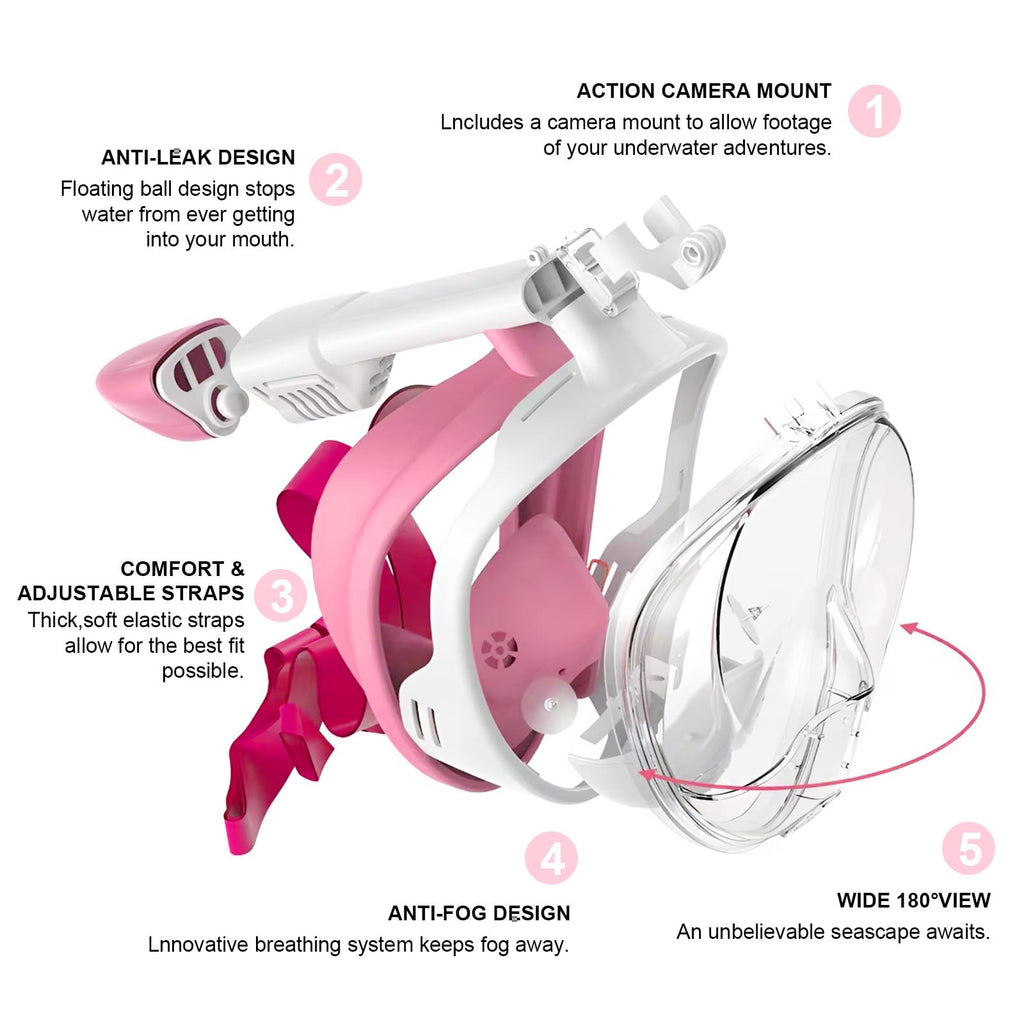 Jsdoin Snorkel Mask Full Face,180°view Design - Anti-fog, Anti-leak Technology - Sports Camera Compatible - for a Safe Adults and Kids Snorkeling Experience