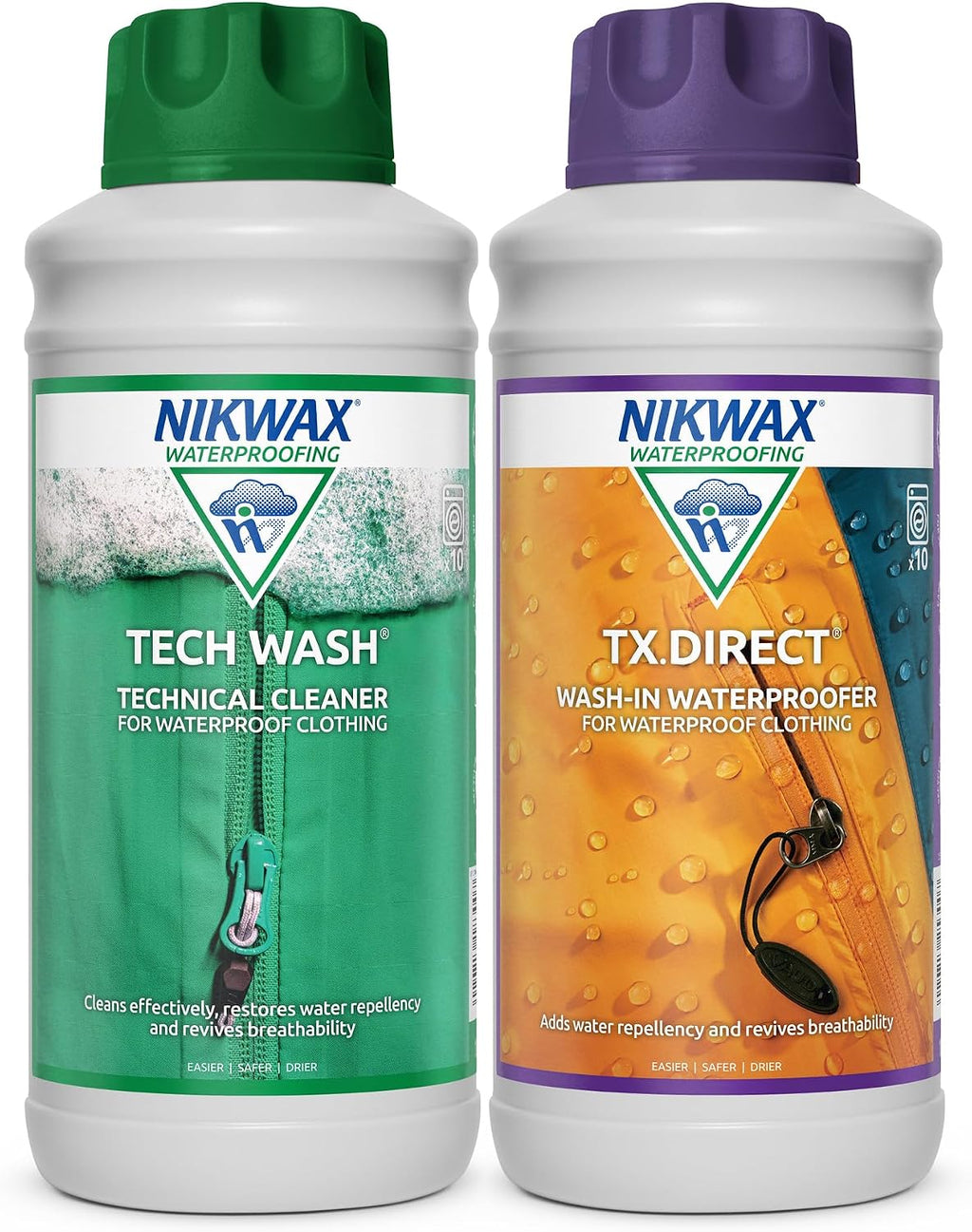 Nikwax TECH WASH and TX DIRECT Twin Pack, Technical Cleaner and Wash-In Waterproofer for Waterproof Clothing, Cleans, Waterproofs, Revitalizes Breathability, 2x 1L