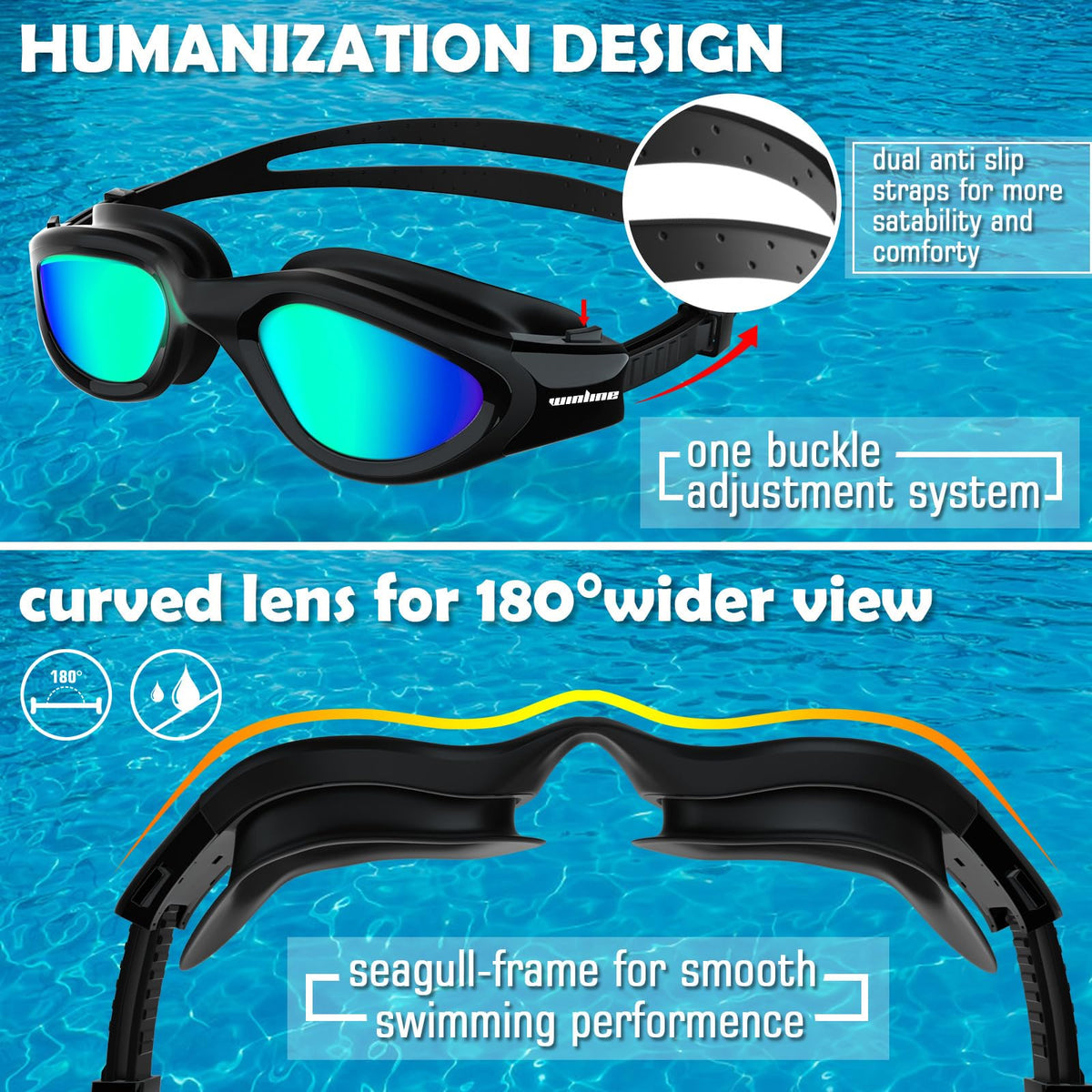 Winline Adult Swimming Goggles,Open Water Goggles Swimming Anti Fog UV Protection No Leakage Clear Vision Easy to Adjust for Adults Men Women Teenagers