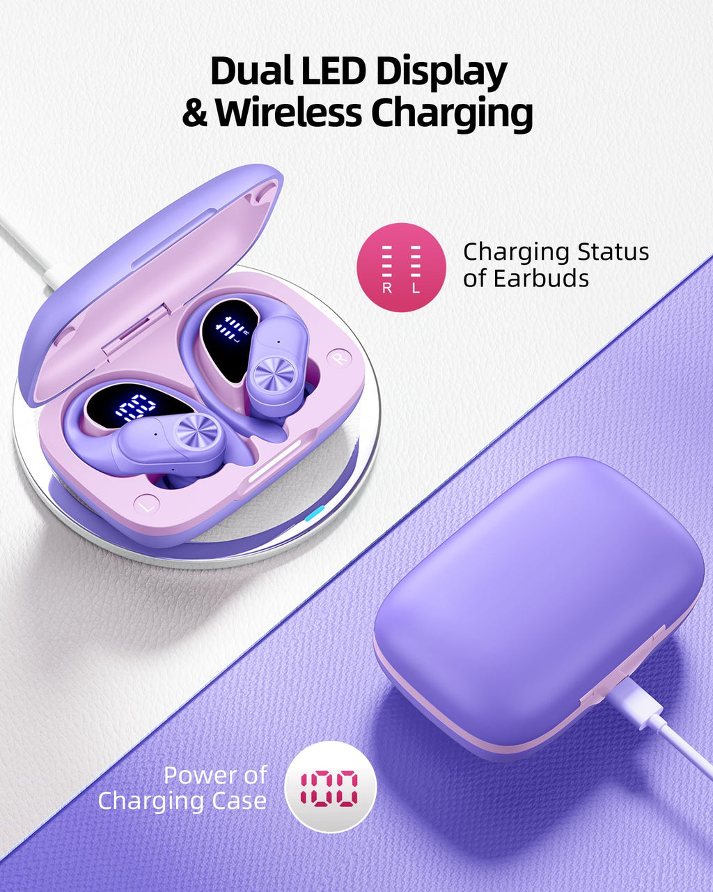 PocBuds Bluetooth Headphones Wireless Earbuds 80hrs Playtime Wireless Charging Case Digital Display Sports Ear Buds with Earhook Deep Bass IPX7 Waterproof Over-Ear Earphones for TV Phone Laptop Pink