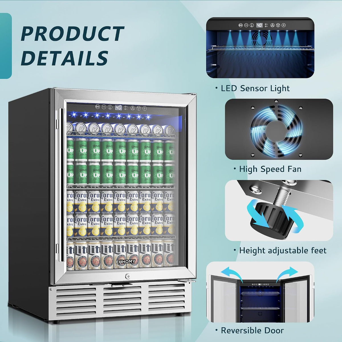 EUHOMY 24 Can Mini Fridge, 18L Beverage Refrigerator with Quiet Compressor